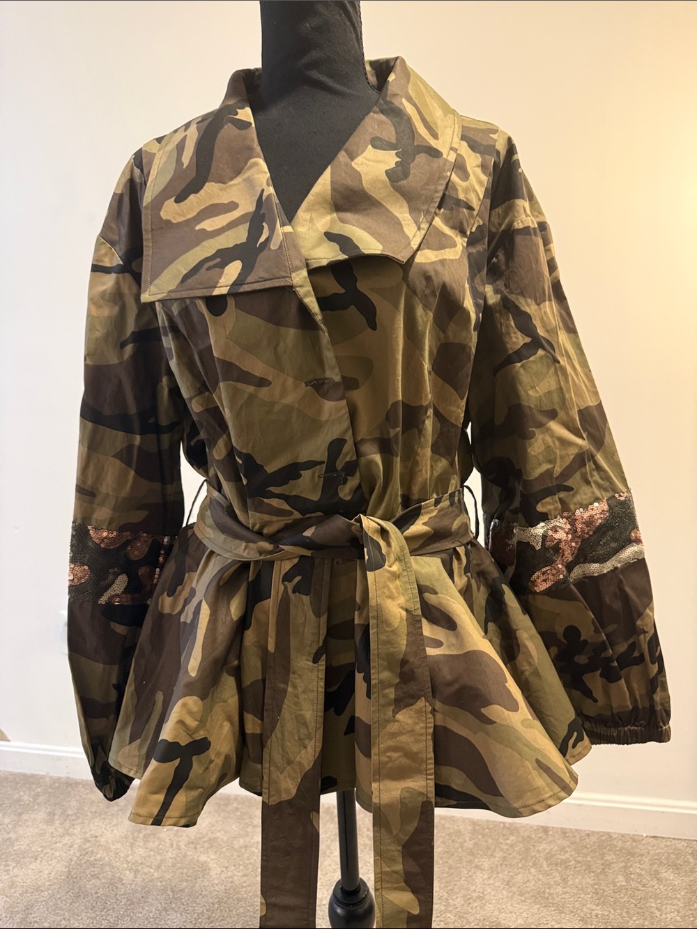 Camouflage Tie-Waist Jacket with Sequin Sleeve Detail